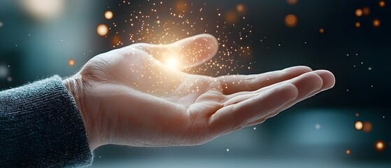 Fototapeta premium Glowing digital network of light touching a reaching human hand symbolizing the harmony and connection between human interaction and the flow of digital data