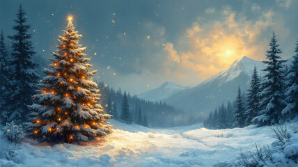 Snowy Winter Landscape with a Decorated Christmas Tree Under a Golden Sunset in the Mountains, Creating a Serene and Festive Holiday Scene with Evergreen Trees and Scenic Beauty