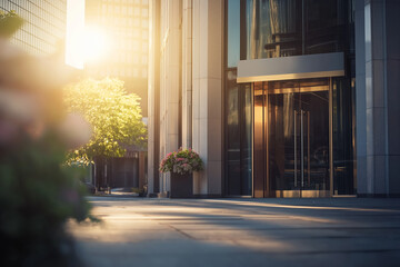 Obraz premium Modern Office Building Entrance with Sunlight and Reflections in Urban Setting.