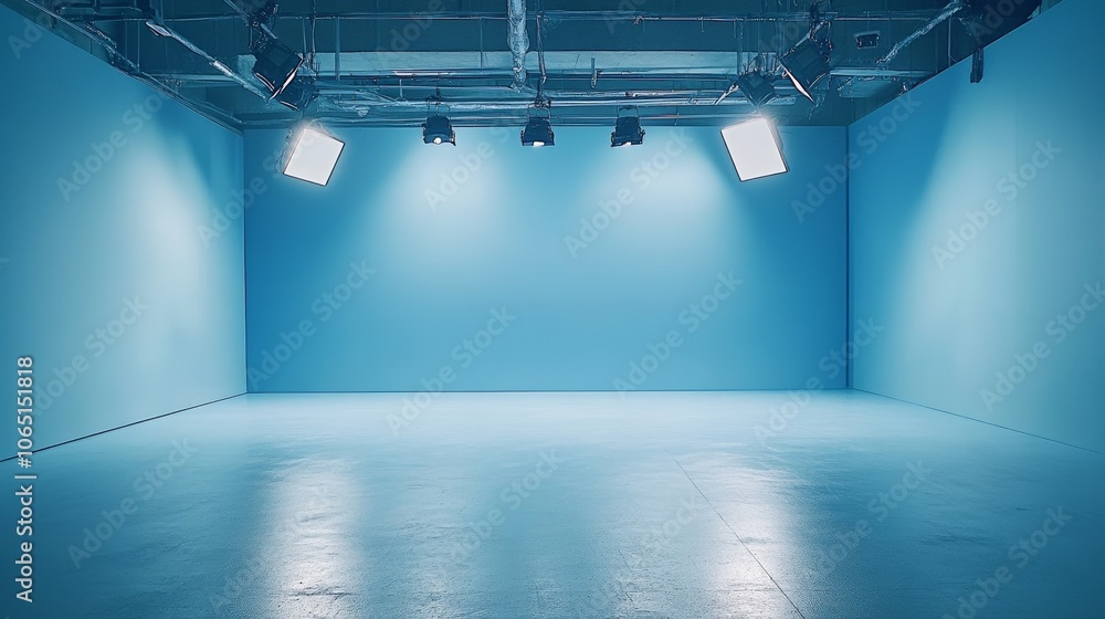 Poster a minimalist studio with light blue walls and an open floor. this scene presents a simple and modern