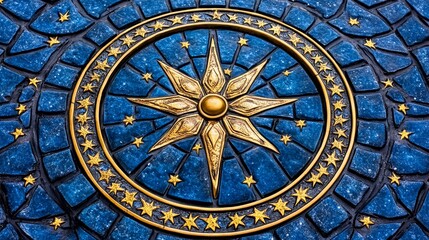 Obraz premium Golden Star Mosaic with Blue Background Celestial Design Night Sky Astronomy Symbolism