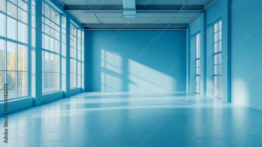Poster a minimalist studio with light blue walls and an open floor. this scene presents a simple and modern