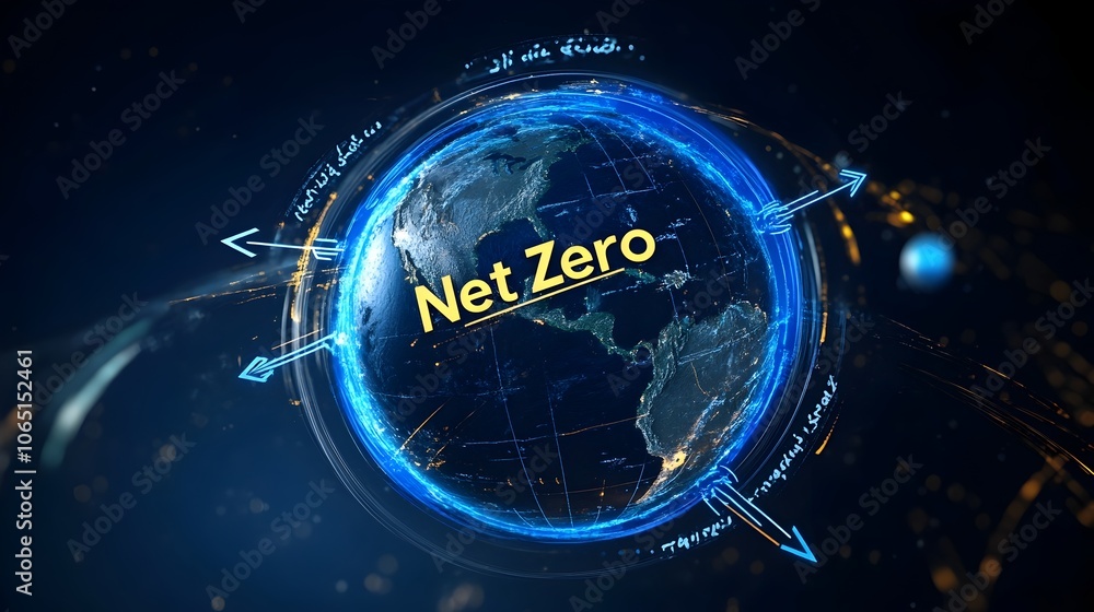Poster 3d rendered of earth with arrows pointing to net zero emissions goal
