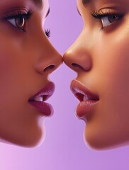 Obraz premium A close-up of two women's faces, one with full lips and the other without makeup, set against a pastel purple background.
