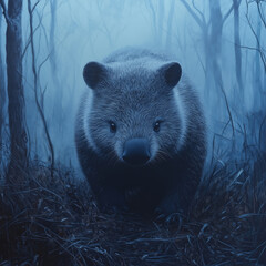Wombat in a Forest of Fog: Wildlife Art Print of Australian Nature
