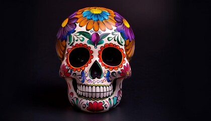 This is a colorful sugar skull on a black background.