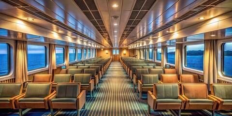 Fototapeta premium Empty seats on passenger ship interior illuminated by soft daylight, passenger ship, interior, empty seats, spacious