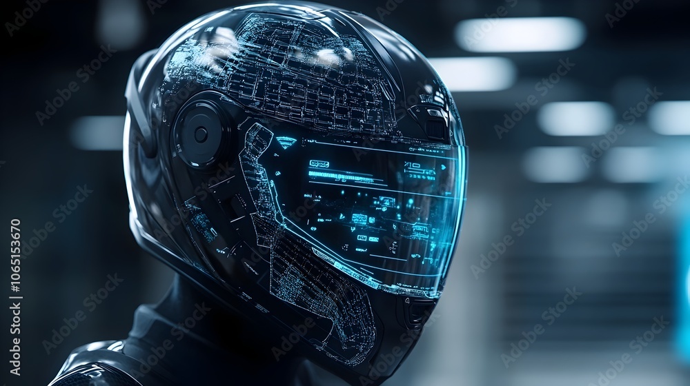 Poster futuristic helmet hud displaying smart navigation info and route details