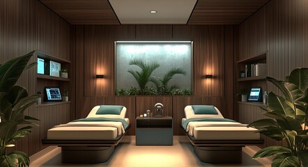 Fototapeta premium A modern hospital room with two beds, equipped for pain relief and a comfortable patient experience