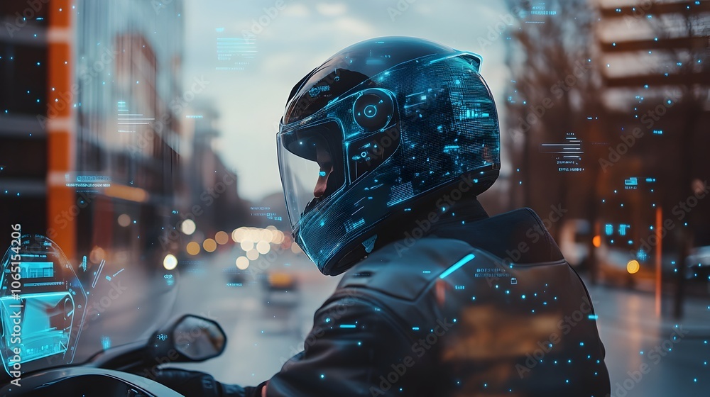 Poster futuristic augmented reality helmet interface for smart urban navigation