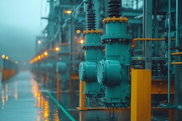 Industrial Machinery in Rain with Yellow Support Beams