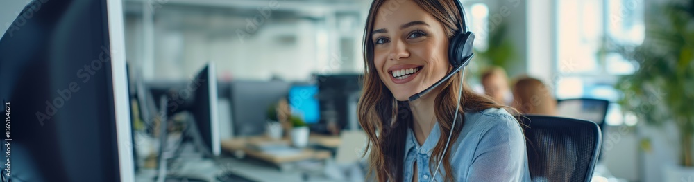 Aufkleber A friendly customer service representative wearing a headset and smiling while working on a computer in a contemporary office setting, exuding professionalism and readiness to assist.