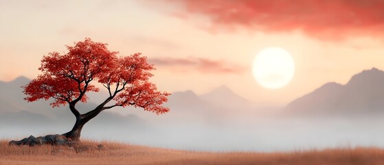 Ethereal moonlit field of blood red higanbana flowers set against a dramatic moody sky at dusk  This surreal fantastical landscape evokes a sense of mystery and wonder with its eerie atmospheric