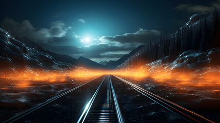 Dramatic view of empty railroad tracks stretching into the distance, with glowing orange light and a moonlit sky, creating a mysterious atmosphere