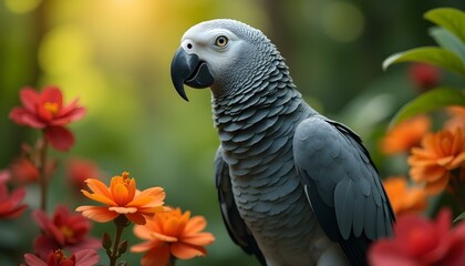 Fototapeta premium Gray parrot with a hooked beak perched near vibrant orange flowers against blurred green background