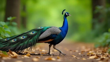 Fototapeta premium Peacock with vibrant blue and green feathers standing on ground against blurred green background