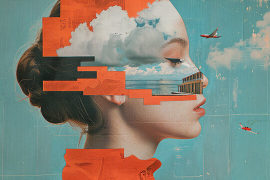 Fototapeta Fashionable Generative AI illustration image female facial collage many colorful elements trend puzzle