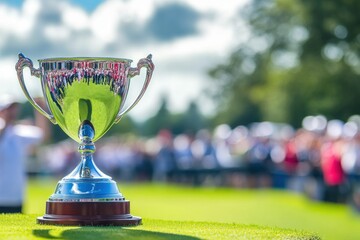 Golf championship event with a prestigious trophy on display and a crowd cheering