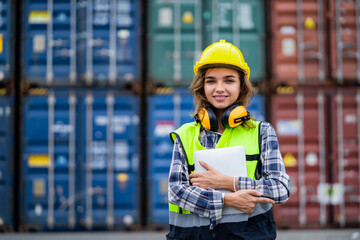 A woman wearing a yellow helmet and a safety vest is holding a laptop. She is smiling and she is happy