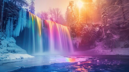 Fototapeta premium Rainbow Waterfall in a Snowy Forest
