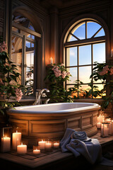 Fototapeta premium A luxurious bathroom with a wooden tub surrounded by candles, plants, and arched windows offering a warm sunset view.