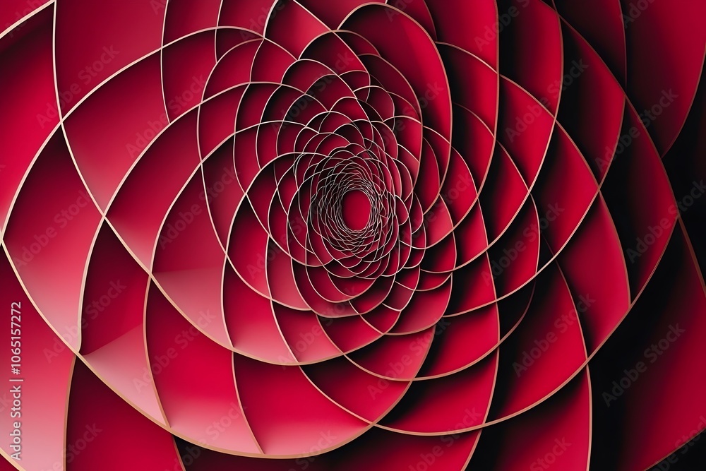 Poster an abstract spiral pattern in rich shades of red, featuring layered curves that draw the viewer's ey