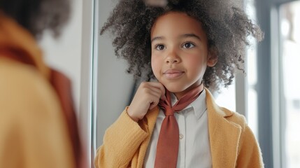 A young model in smart-casual attire adjusts their tie while looking in a mirror