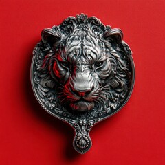 Ornate silver sculpture of a tigers head