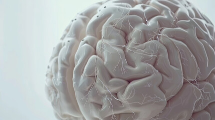 Close-up of human brain model with visible neural pathways, symbolizing cognitive changes and mental development, ideal for educational and scientific illustrations.