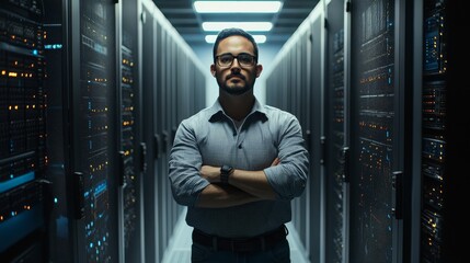 Confident Data Center Technician Standing Among Servers