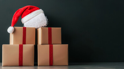 Boxes with Christmas presents and santa hat shipping delivery company concept