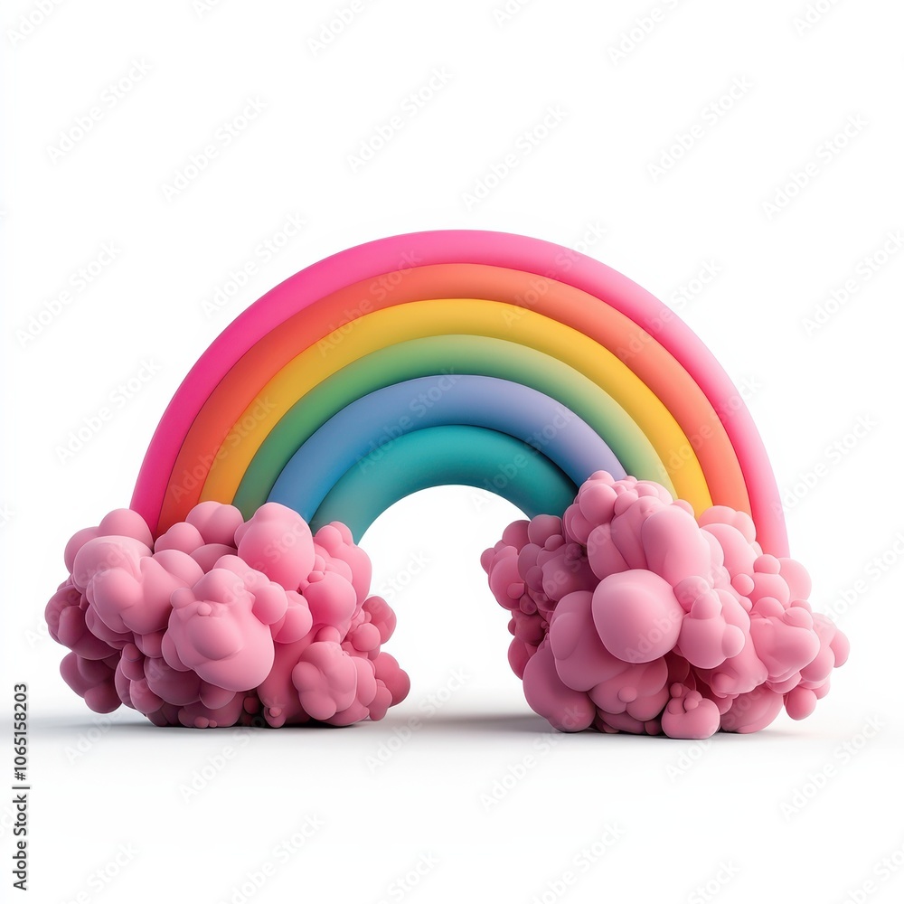Poster a colorful, playful rainbow with fluffy pink clouds, creating a whimsical and cheerful scene isolate