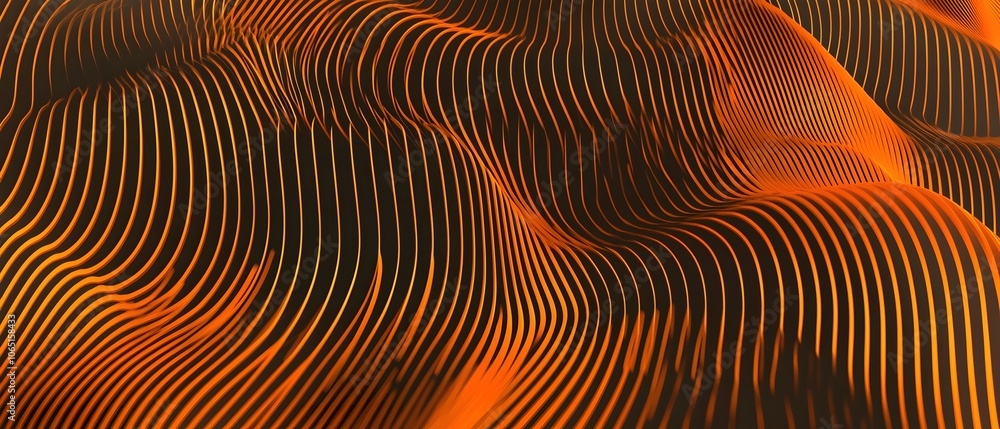 Poster an abstract wave pattern with flowing lines in shades of orange and black, creating a sense of depth