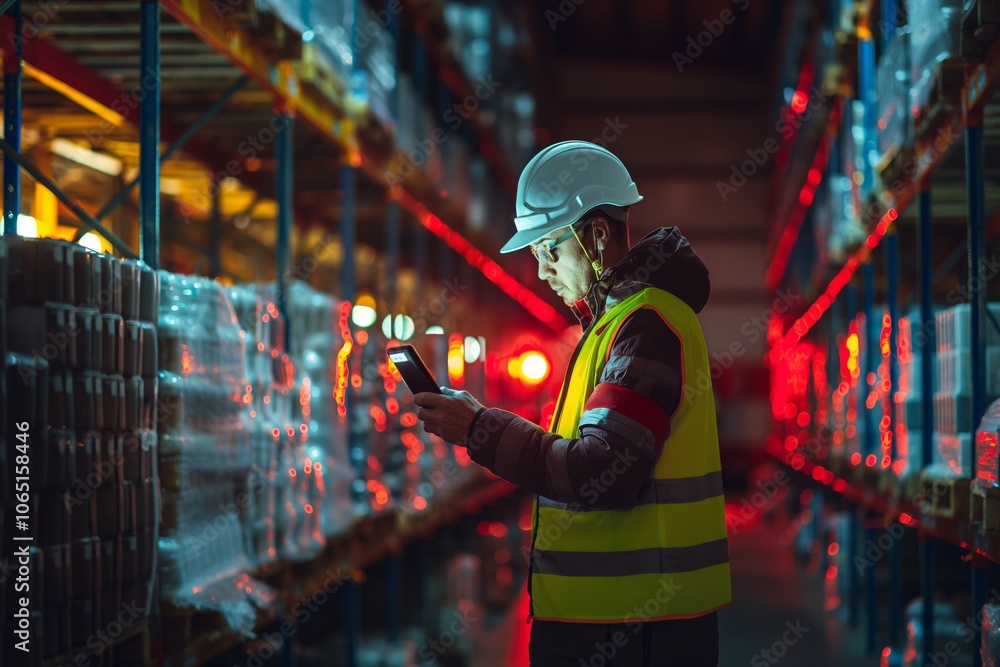 Poster A warehouse worker in safety gear performs an inventory check using a handheld digital device. The image captures the organized shelves of goods in an illuminated industrial storage environment.