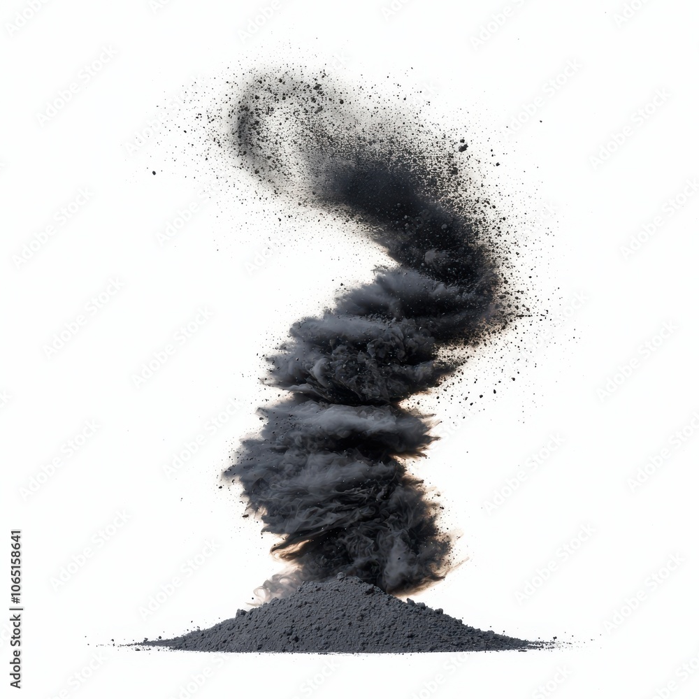 Poster a swirling column of black dust rises dramatically from a pile, creating an abstract, captivating vi