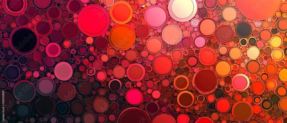 Poster a vibrant abstract design featuring an array of circles in varying shades of red and pink, creating 