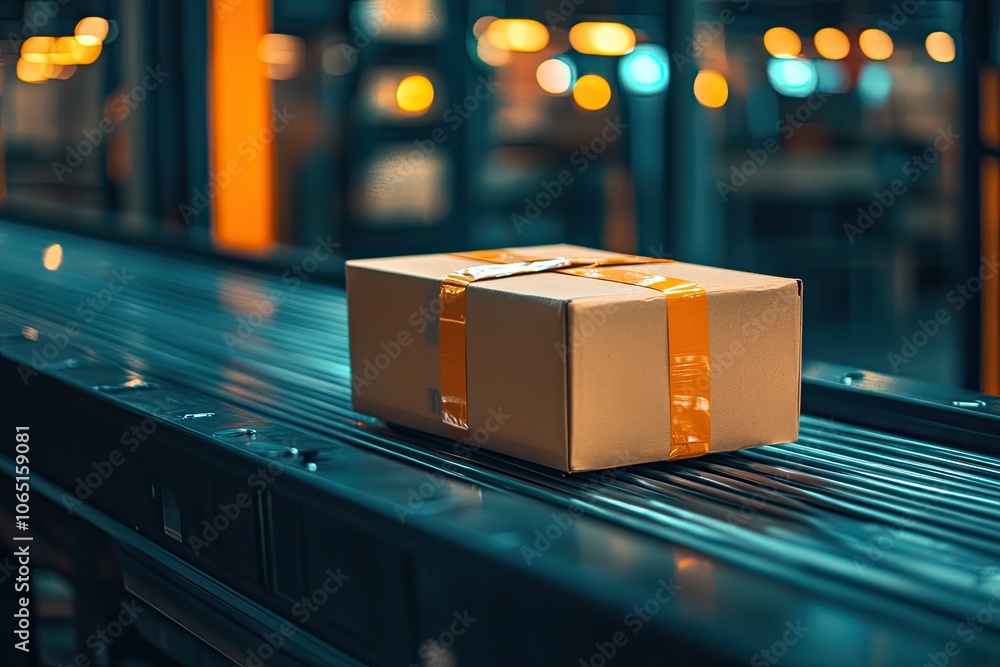 Poster package moves on conveyor belt. this image depicts efficient package handling and logistics.