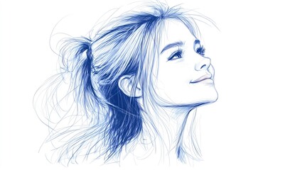 Monochrome Pencil Sketch of Smiling Woman with Gentle Expression and Flowing Hair_16