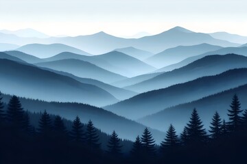 Obraz premium A serene landscape showcasing layered mountains in soft blue hues, surrounded by dark evergreen trees. The tranquil scene conveys a sense of calm and beauty in nature.