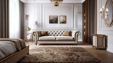 Fototapeta premium A cozy bedroom with wooden furniture features a comfortable bed, a large wardrobe, and soft lighting. A large window brightens the space, complemented by a plant and elegant decor for a serene atmosph