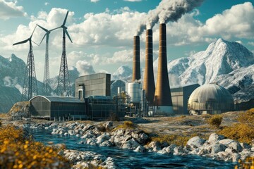 Non-renewable energy resources illustrated with traditional energy production setups