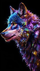 wolf head portrait with vibrant colour design on black background, wolf portrait isolated on black background 