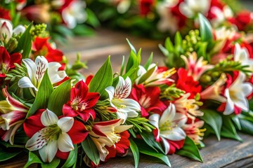Beautiful Garland Vignette with Red and White Peruvian Lily Flowers, Perfect for Home Decor, Floral Arrangements, and Event Decorations - Vibrant and Fresh Floral Aesthetics