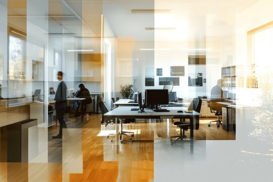 Small business growth stages illustrated with images of a small office transforming into a larger corporate space