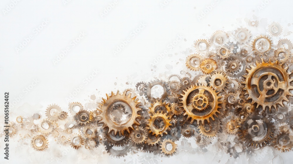 Poster gears intertwine to create an intricate mechanical design