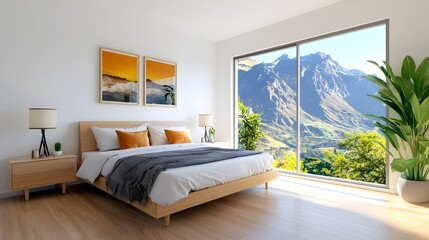 Fototapeta premium Peaceful and Cozy Minimalist Bedroom Interior with Stylish Bed Large Windows Allowing Ample Natural Light and Scenic Mountain Landscape Backdrop Creating a Serene and Rejuvenating Retreat