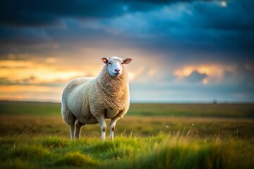 Fototapeta premium A serene field, sheep grazing, the simple beauty of nature.
