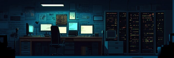 Dark Server Room Lit by Computer Monitors with Multiple Screens and Servers, Data Center