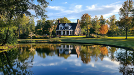 Fototapeta premium A serene country villa with a peaceful pond, ideal for Thanksgiving reflections.A serene country villa with a peaceful pond, ideal for Thanksgiving reflections.