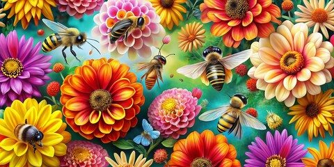Bees Collecting Nectar in a Colorful Floral Wonderland - Tilt-Shift Photography Pattern with Vibrant Flowers and Busy Bees for Nature Lovers and Garden Enthusiasts